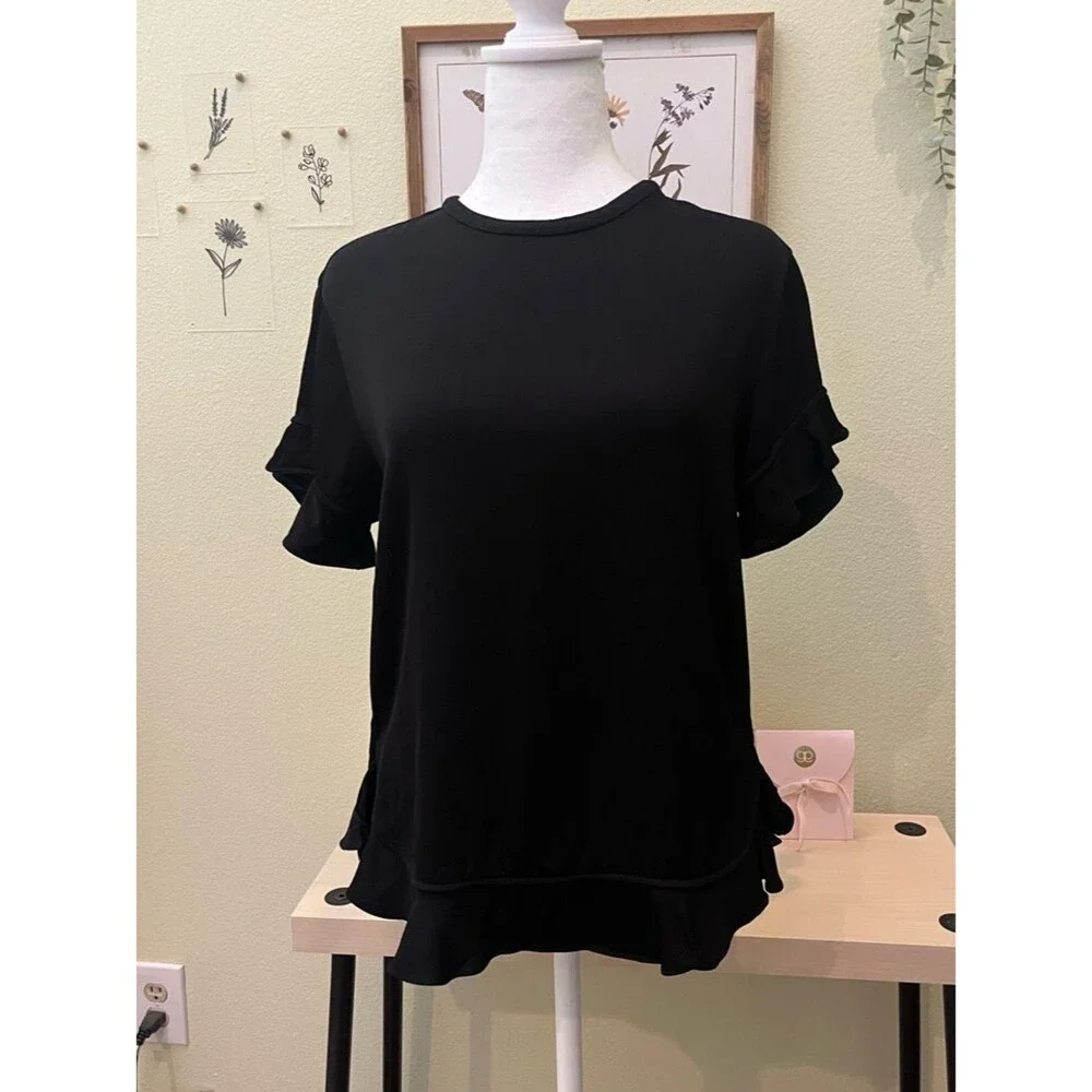 Kate Spade New York Black Ruffle Hem & Flutter Sleeve Blouse Size S